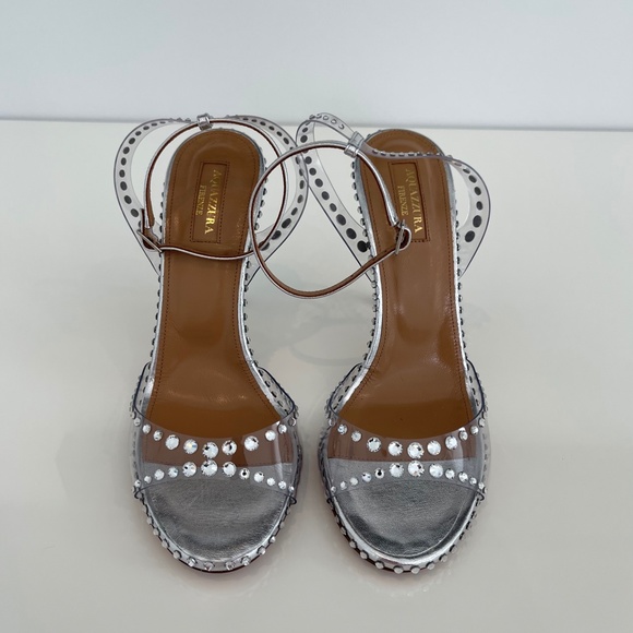 AQUAZZURA SILVER PVC LEATHER CRYSTAL SANDALS SIZE IT 38 / US 8 NEW IN BOX! - Picture 10 of 17